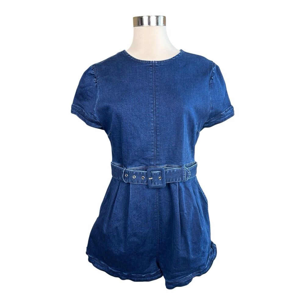 Free People Charlotte Denim Shorts Romper Belted Stretch Sz M Back Zip